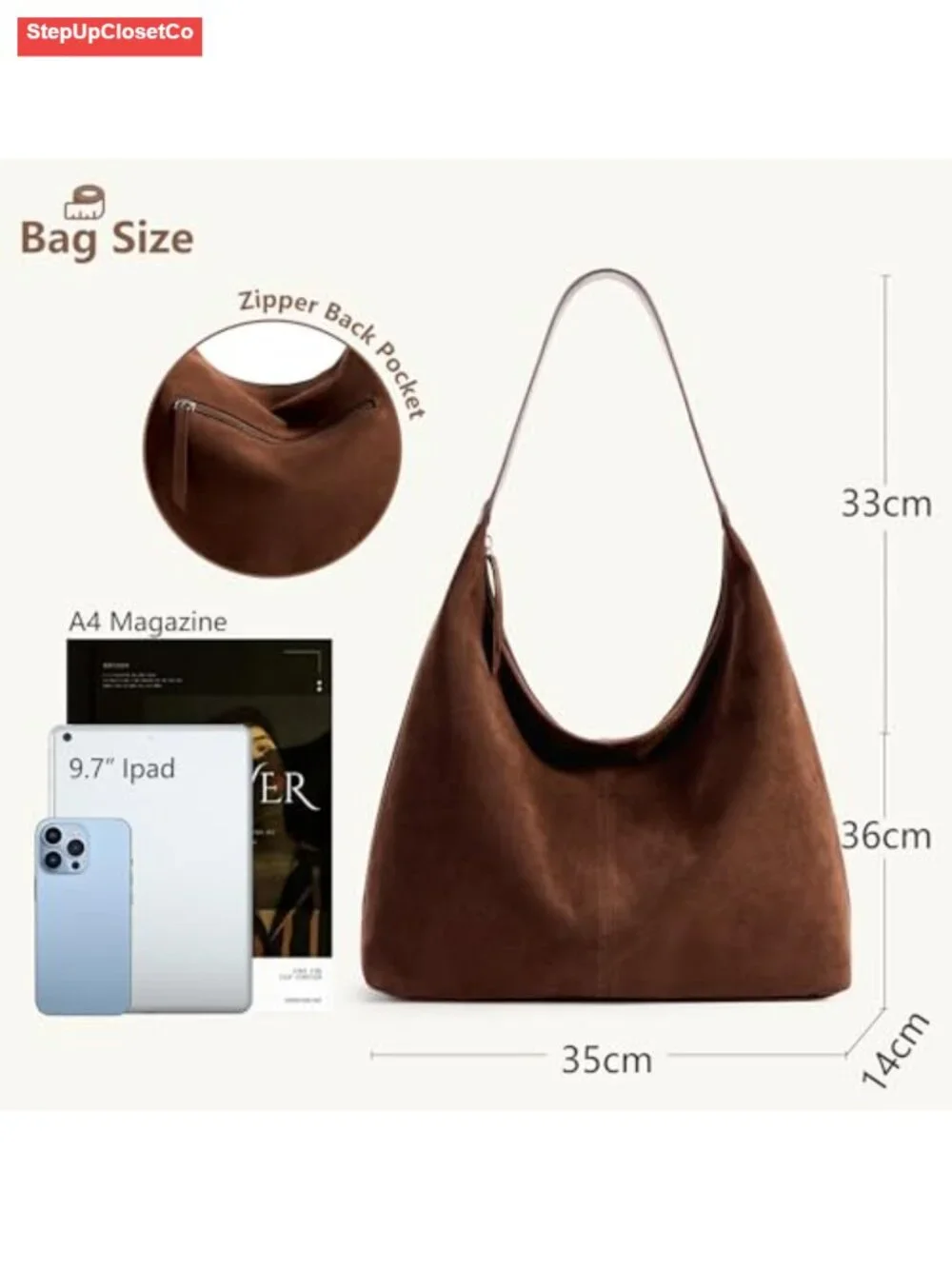Vegan Leather Slouchy Hobo Tote Bag with Zipper Closure